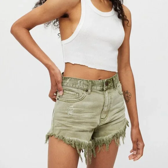 BDG High-Rise Cheeky Shorts 25 Green Frayed Hem - Picture 1 of 8